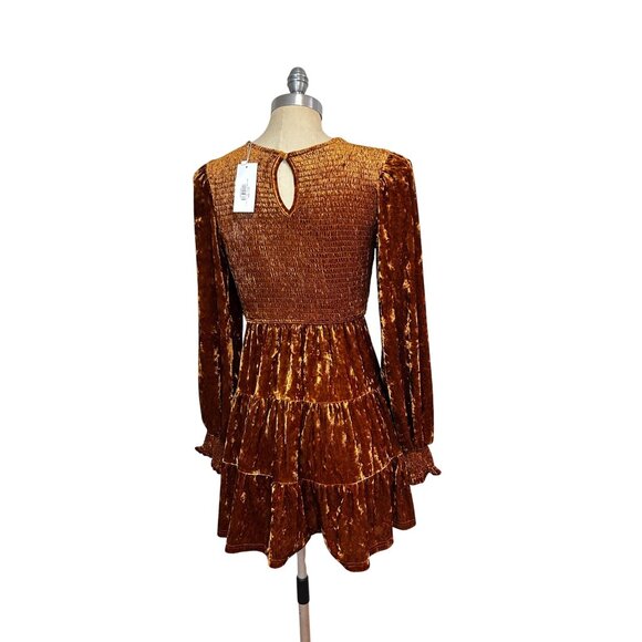 Baltic Born Kele Crushed Velvet Copper Smocked Tiered Mini Dress NWT Small - Picture 6 of 8